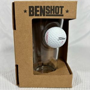 Benshot glass cup with Titleist 3 golf ball attached
